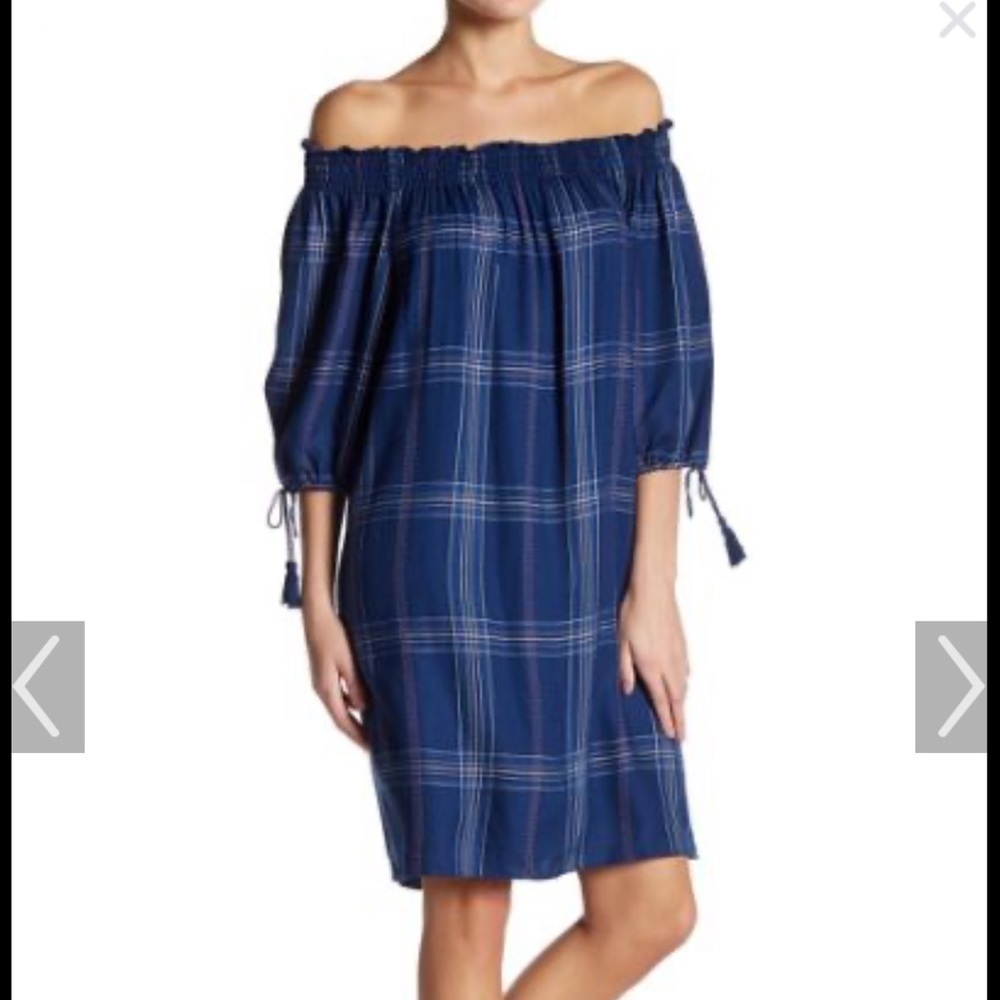 Max Studio Off the Shoulder Plaid Shift Dress M